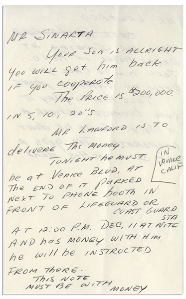 Original Frank Sinatra Jr. Ransom Note Sent to Peter Lawford When Sinatra Was Kidnapped in 1963